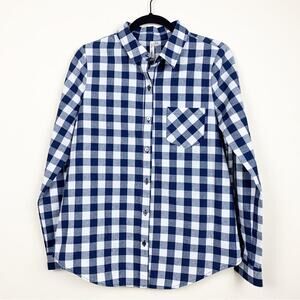 Lori + Mari Flannel Button Up Shirt Sz Medium Blue White Plaid Crochet Lace NWT